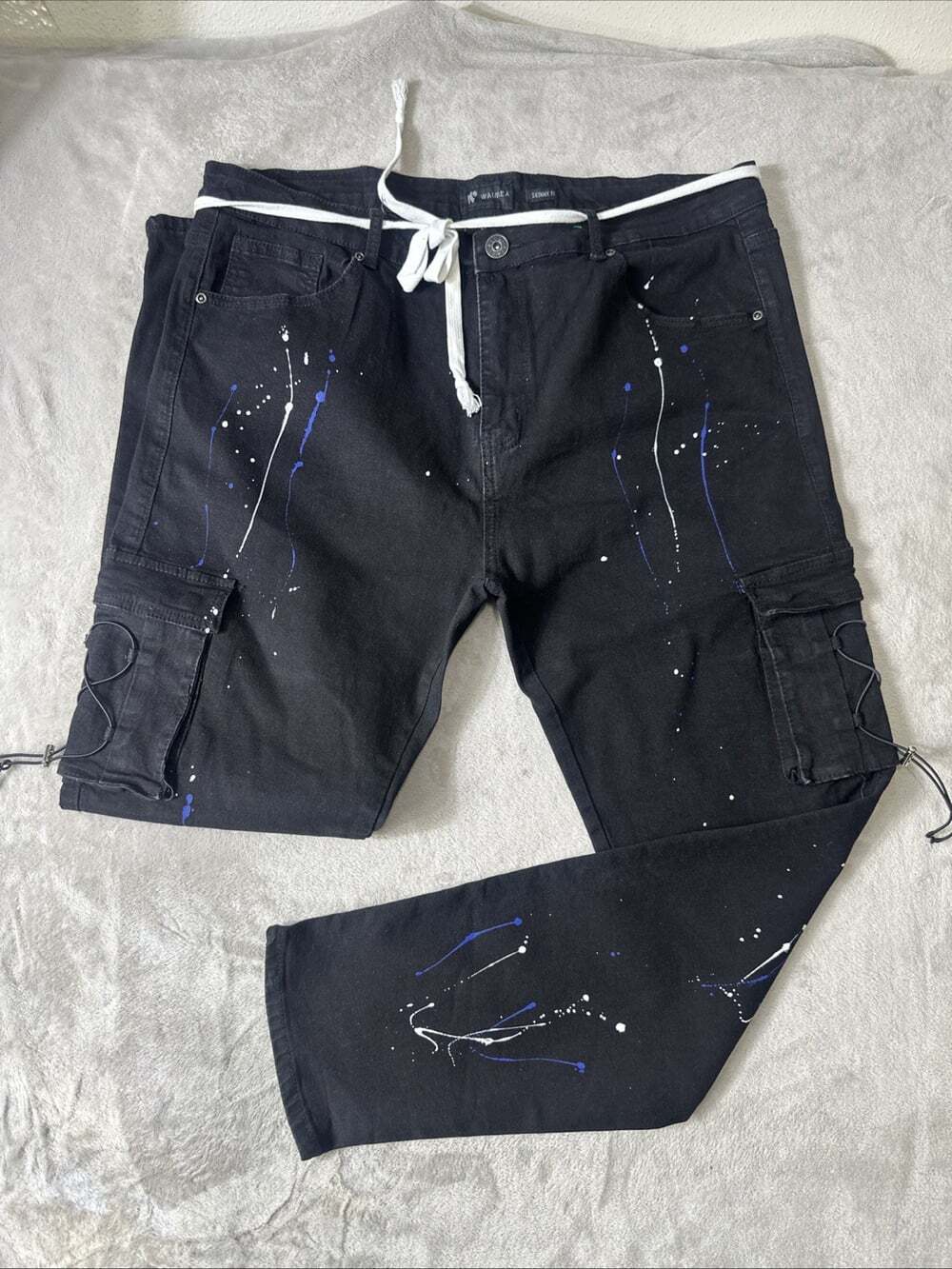 Waimea Mens 40x32 Black Skinny Cargo Jeans Paint Splatter Bungee Streetwear